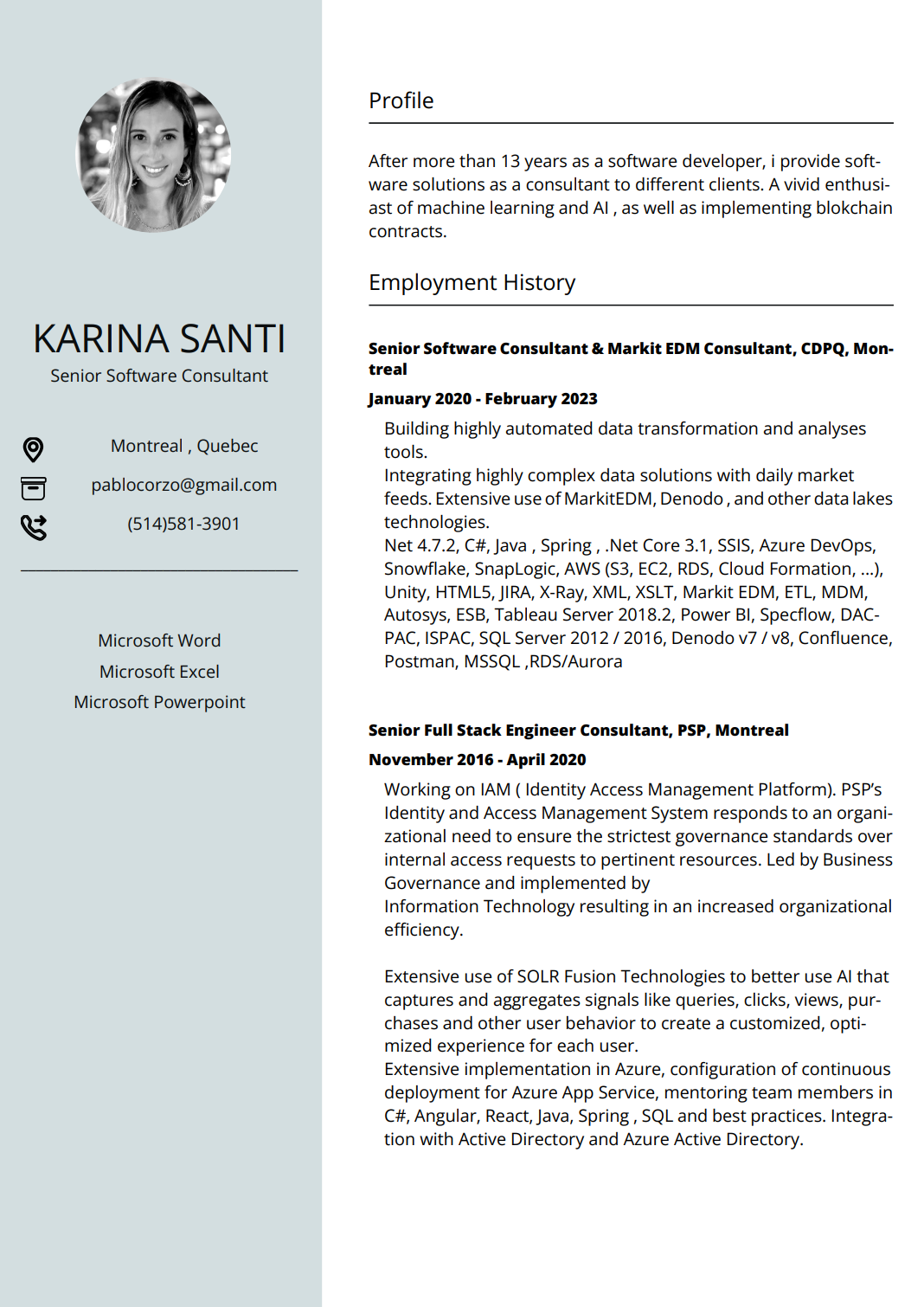 Sample of a modern light green and white resume template from cvadapt.com, highlighting a clean layout for professional credentials