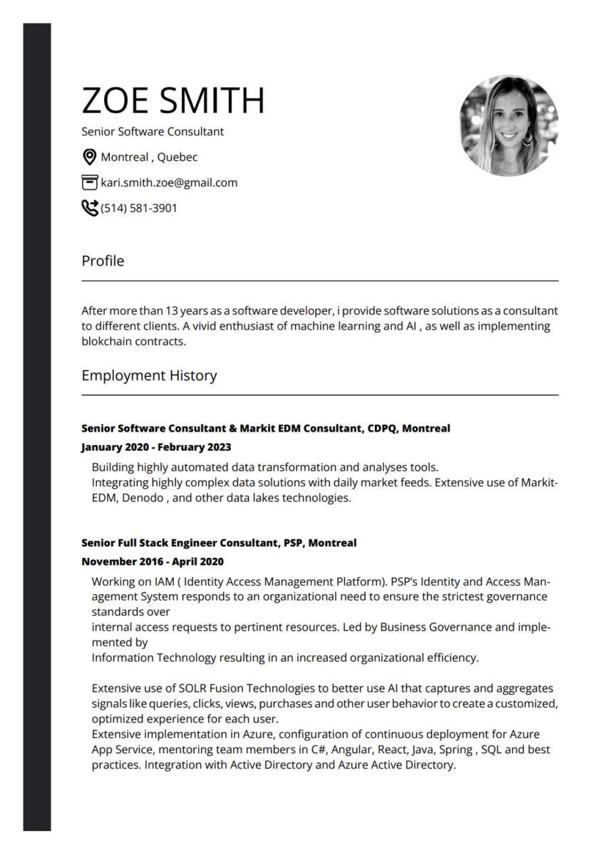 Sample template of a professional resume from cvadapt.com featuring a placeholder for a portrait, concise profile summary, and a clear employment history section