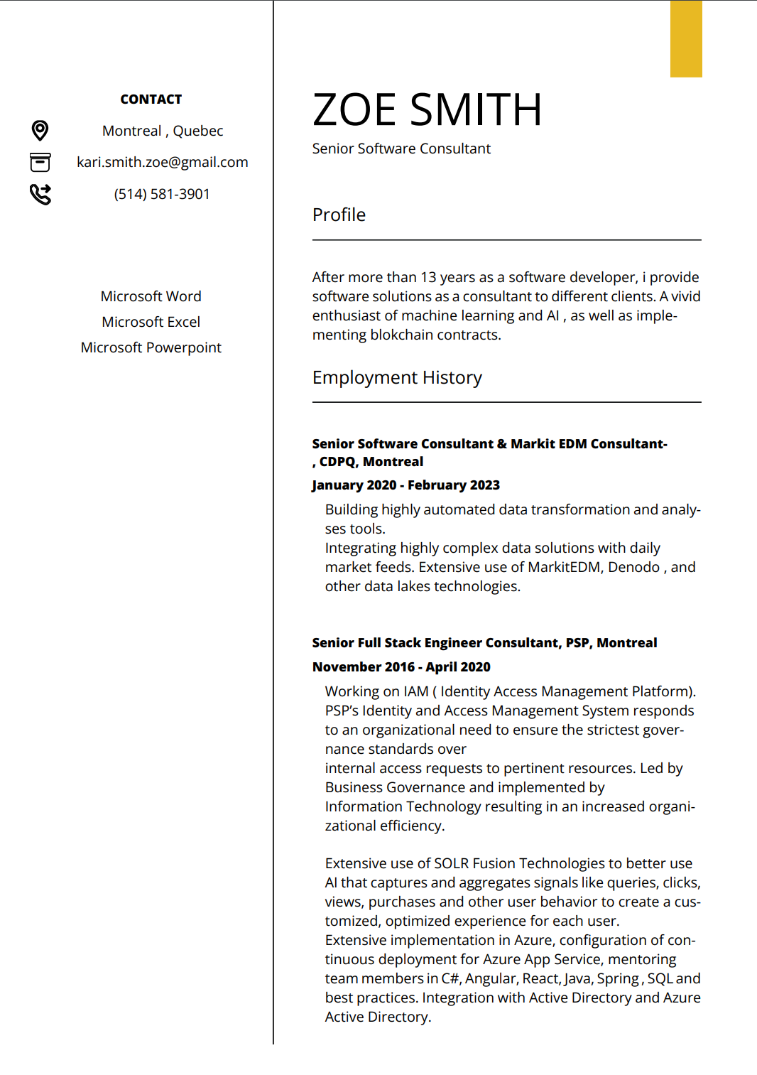 Sample template of a professional resume gold and white from cvadapt.com featuring a placeholder for a portrait, concise profile summary, and a clear employment history section